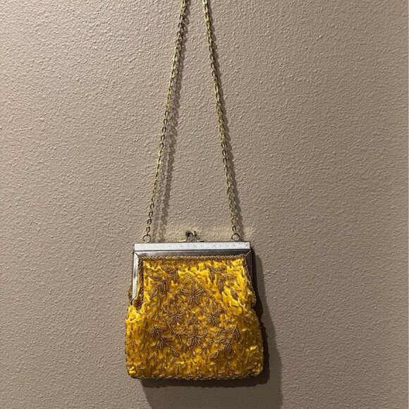Pretty Vintage Yellow Hand Beaded Evening Bag/Purse - Picture 7 of 9